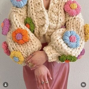 Floral Chunky Knit Cardigan - Cream with Multicolor Flowers